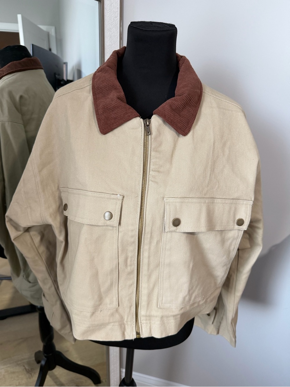 No Boundaries Beige Utility Jacket with Brown Corduroy Collar